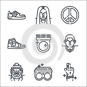 Hip hop line icons. linear set. quality vector line set such as hand, ring, hip hop, hip hop, ring, sneakers, peace