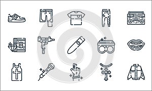 Hip hop line icons. linear set. quality vector line set such as vintage, hand, tank top, necklace, microphone, money, ring,