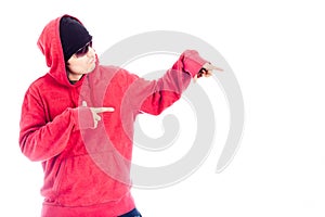 Hip Hop man in red hoody pointing