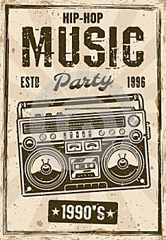 Hip-hop music party vintage poster with boombox