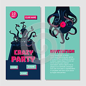 Hip-hop party bilateral invitation for nightclub with octopus dj. Underground music event