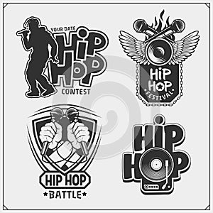 Hip-hop and rap emblems, attributes and accessories. Poster templates and design elements.