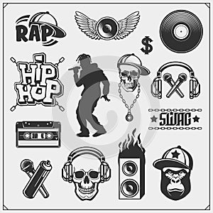 Hip-hop and rap emblems, attributes and accessories. Poster templates and design elements. photo
