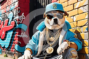 Hip-Hop Superstar Dog: Baseball Cap Angled to the Side, Dark Sunglasses Obscuring Eyes, Golden Chain photo