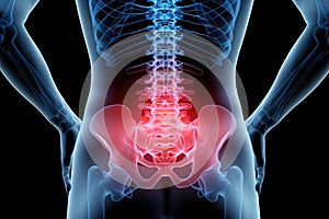 Hip joint pain, lumbar spine hernia, human body with osteoarthritis on a black background, health problems concept, AI Generated