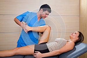 Hip mobilization therapy by therapist to beautiful woman