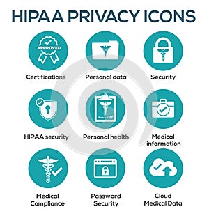 HIPAA Compliance icon set with hippa image involving medical privacy