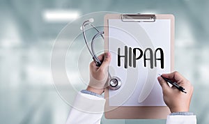 HIPAA Professional doctor use computer and medical equipment all