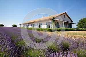 a hipped roof french property side view over a lavender field