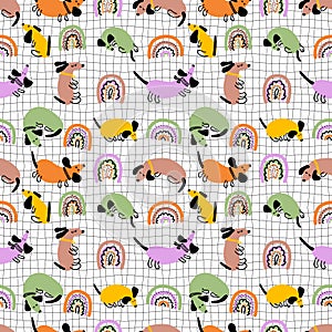 Hippie aesthetic seamless pattern with dachshunds and rainbows. Groovy background for T-shirt, poster, card and print. Doodle