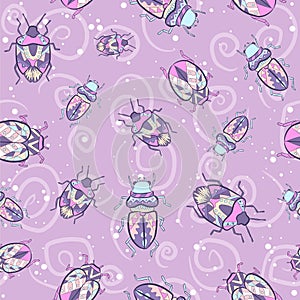 Hippie bohemian colored insects seamless pattern. Repetitive pattern with bugs. Traditional and ethnical motifs