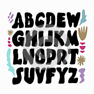 Hippie bohemian groovy postmodern funky font alphabet 1960s boho psychedelic. Perfect for posters, collages, clothing