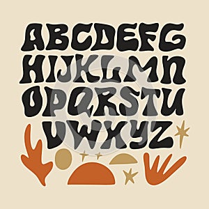 Hippie bohemian groovy postmodern funky font alphabet 1960s boho psychedelic. Perfect for posters, collages, clothing