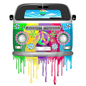 Hippie Bus with Dripping Rainbow Paint Groovy Retro Vechicle Vector Illustration