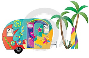 Hippie Camper, Palm Trees and Surfboards Isolated on White Background