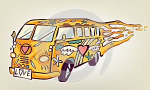 Hippie car, mini van. Isolated object. Psychedelic print concept photo