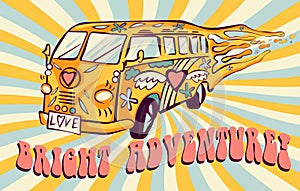 Hippie car, mini van on rays background. Bright adventure poster. Psychedelic concept photo