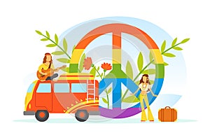 Hippie Characters, Old Retro Classic Traveling Van and Rainbow Peace Symbol, Happy People Wearing Retro Clothes of the