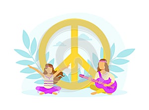 Hippie Characters Sitting in Meditation Pose at Peace Symbol, Happy People Wearing Retro Clothes of the 60s and 70s