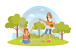 Hippie Characters on Summer Nature Landscape, Young Man Playing Guitar, Happy People Wearing Retro Clothes of the 60s