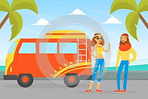 Hippie Characters, Young Man and Woman Standing Next Old Retro Classic Traveling Van, Happy People Wearing Retro Clothes