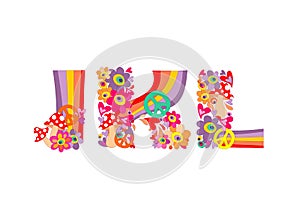 Hippie childish alphabet with colorful abstract flowers, rainbow and mushrooms. J, K, L