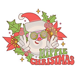 Hippie Christmas quote with Santa face in retro style. 70s 60s nostalgic poster or card. Groovy Santa in peace glasses