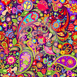 Hippie vivid colorful wallpaper with abstract flowers, hippie peace symbol, peace and love words, mushrooms, pomegranate and paisl photo