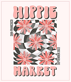 Hippie funky vibe style. Vintage 1960-1970. Hippy retro background. Symbol retro print.