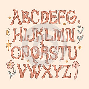 Hippie funky whimsical bohemian groovy postmodern funky font alphabet 1960s boho psychedelic mushroom style. Perfect for