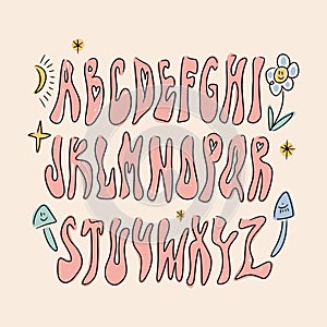 Hippie funky whimsical bohemian groovy postmodern funky font alphabet 1960s boho psychedelic mushroom style. Perfect for