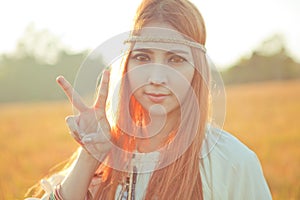 Hippie girl with peace signs