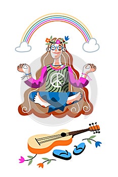 Hippie girl sitting in lotus pose front of guitar