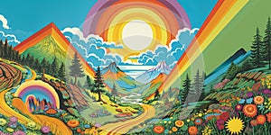 Hippie landscape background. Hand drawn Mounting, flowers, clouds, sun and rainbow in retro groovy style. Vintage 60-70s style