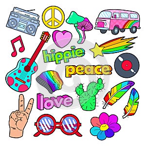 Hippie Lifestyle Doodle with Pink Van, Peace Sign and Colorful Guitar