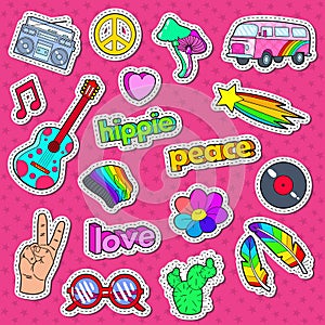 Hippie Lifestyle Stickers, Badges and Patches with Pink Van, Peace Sign and Colorful Guitar photo