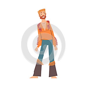 Hippie Man Character, Happy Bearded Man Wearing Flared Jeans and Colorful Shirt Cartoon Vector Illustration