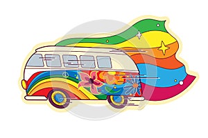Hippie minivan bus, 70s, 60s vintage style sticker decorated with rainbow and psychedelic flowers. Vector illustration