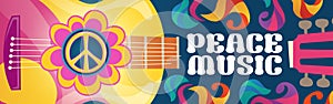 Hippie music cartoon banner with acoustic guitar