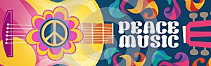 Hippie music cartoon banner with acoustic guitar photo