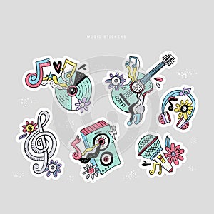 Hippie music doodle stickers set