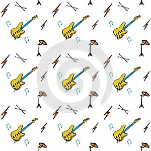 Hippie music hand drawn pattern with guitarp percussion notes lightning. Cartoon background for text. Musical concert, festival,