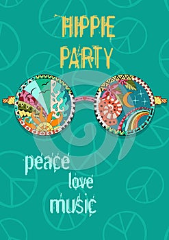 Hippie party poster. Hippy background with sun glasses.