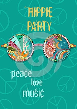 Hippie party poster. Hippy background with sun glasses. photo