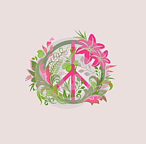 Hippie peace flower symbol with tropical leaves, pink lily flowers and palm branches for t shirt fashion print, bag design and oth