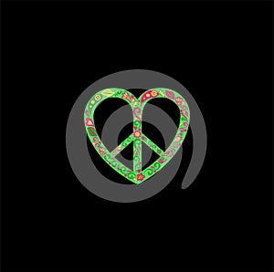 Hippie peace green sign in heart shape with decorative flowers print on black background