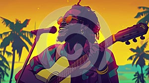 This hippie peace music cartoon landing page shows a black hippy playing guitar and singing a song. A retro gig or disco