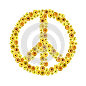 Hippie peace symbol of beautiful flowers on white background