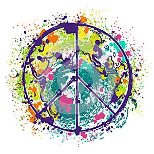 Hippie peace symbol on earth globe background with splashes in watercolor style