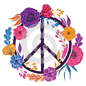 Hippie peace symbol with flowers, leaves and buds. Collection decorative floral design elements.
